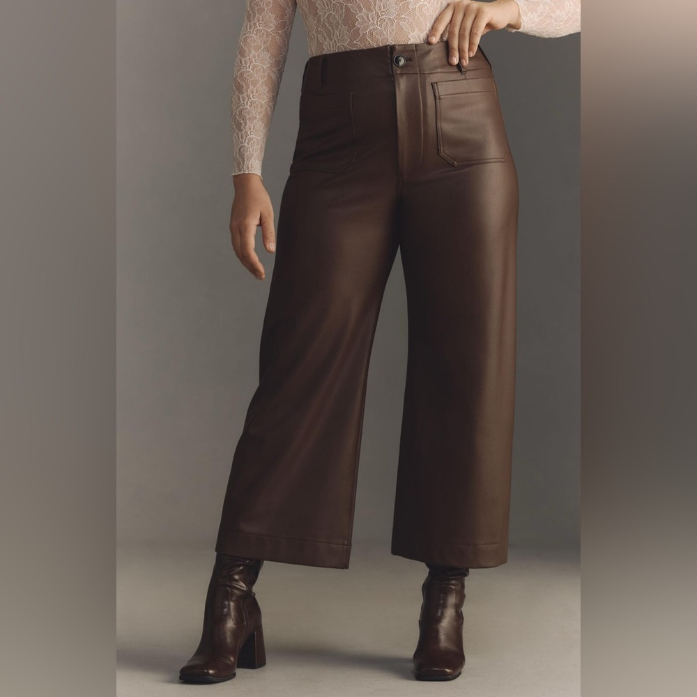 Anthropologie x Maeve Brown Collette Crop Wide Leg Faux Leather Pants 25P Petite
